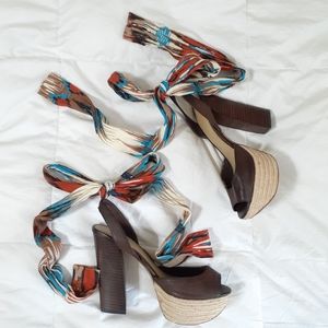 Levity Wrap Tie Wedge Peep Toe Sandals